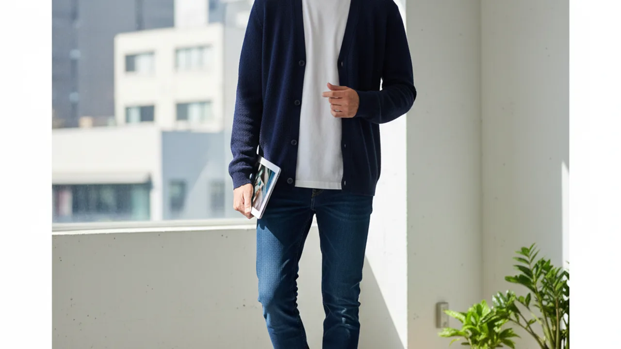 Cardigan homme boutonné sur t-shirt, look casual urbain