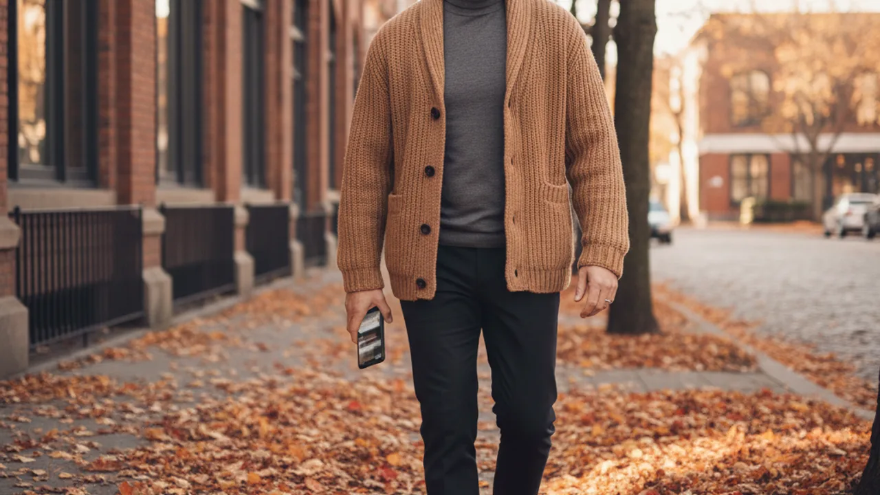 Cardigan homme en layering automne-hiver sur col roulé