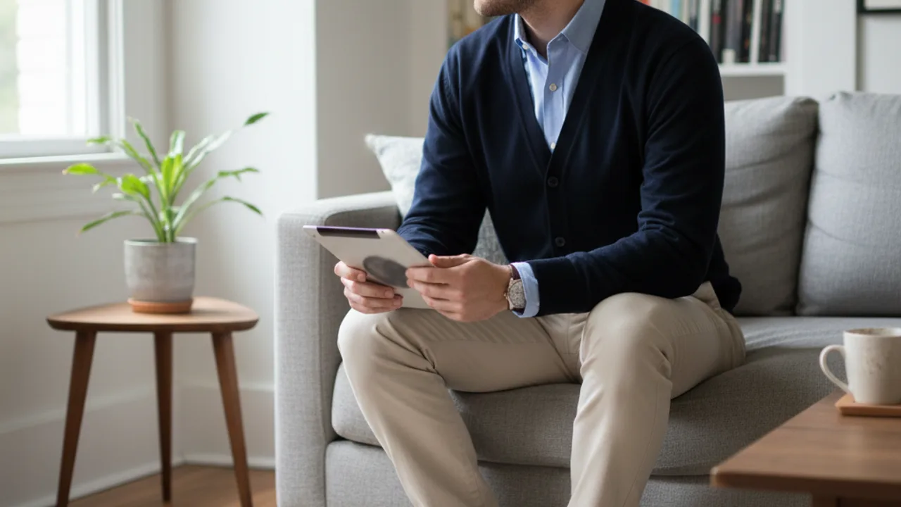 Look smart-casual : cardigan sur chemise Oxford et chino