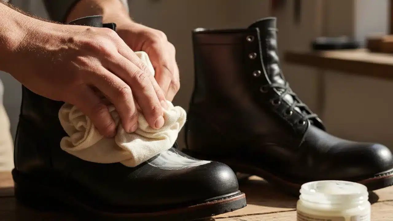 Application de baume cuir sur boots