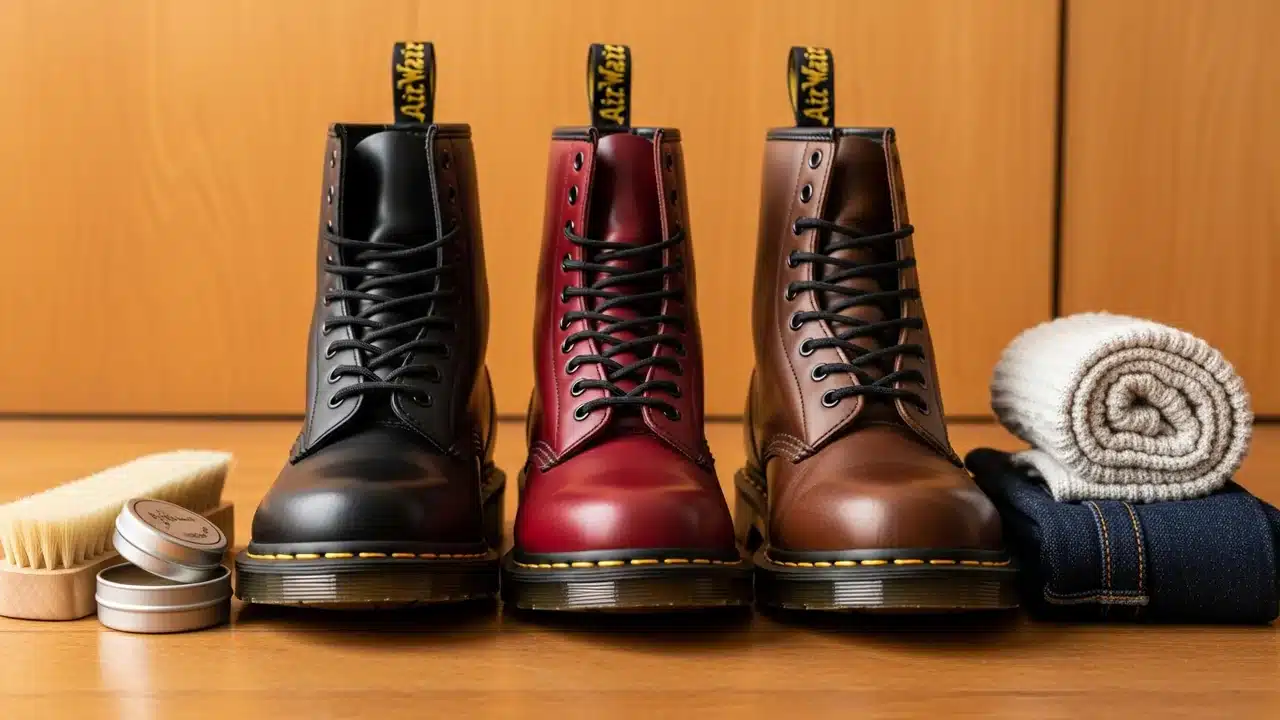 Doc Martens homme - trois paires de 1460 noir bordeaux marron avec accessoires entretien cuir