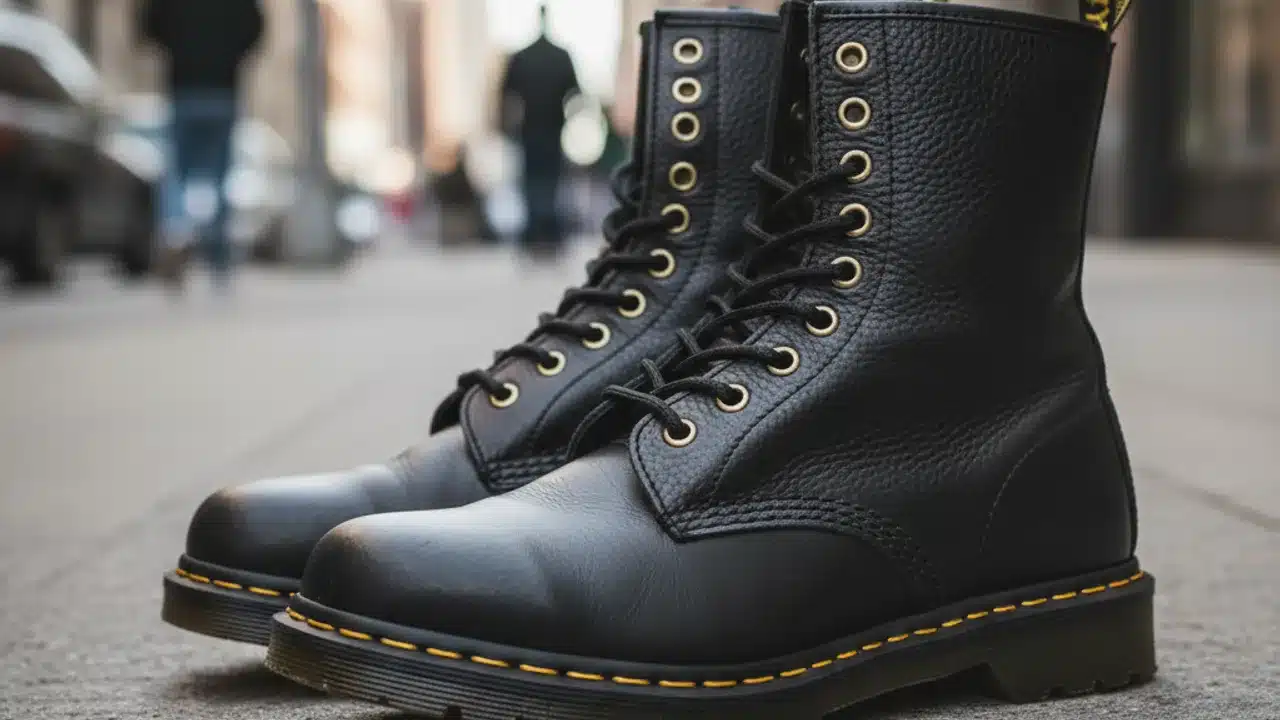 Doc Martens noires sur sol urbain
