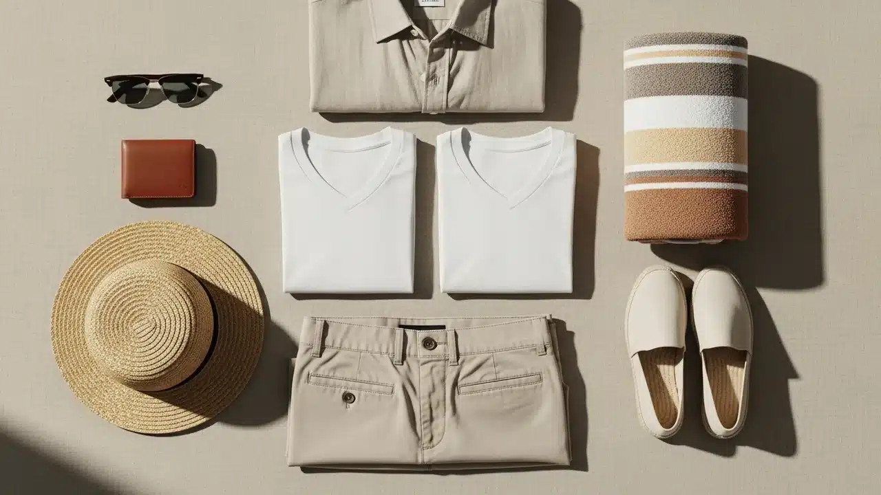 Garde-robe capsule été homme - flat-lay essentiels chemise lin chino chapeau paille