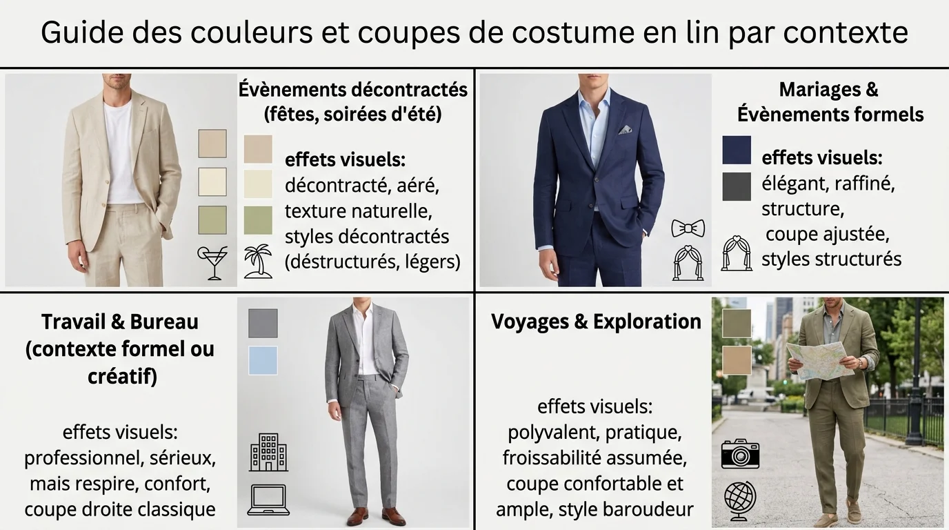 Guide des couleurs et coupes de costume en lin par contexte