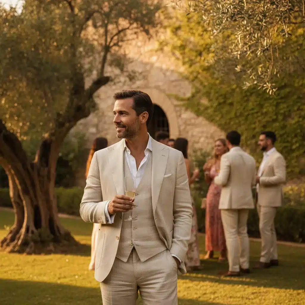 Cocktail de mariage en plein air, homme en costume lin beige