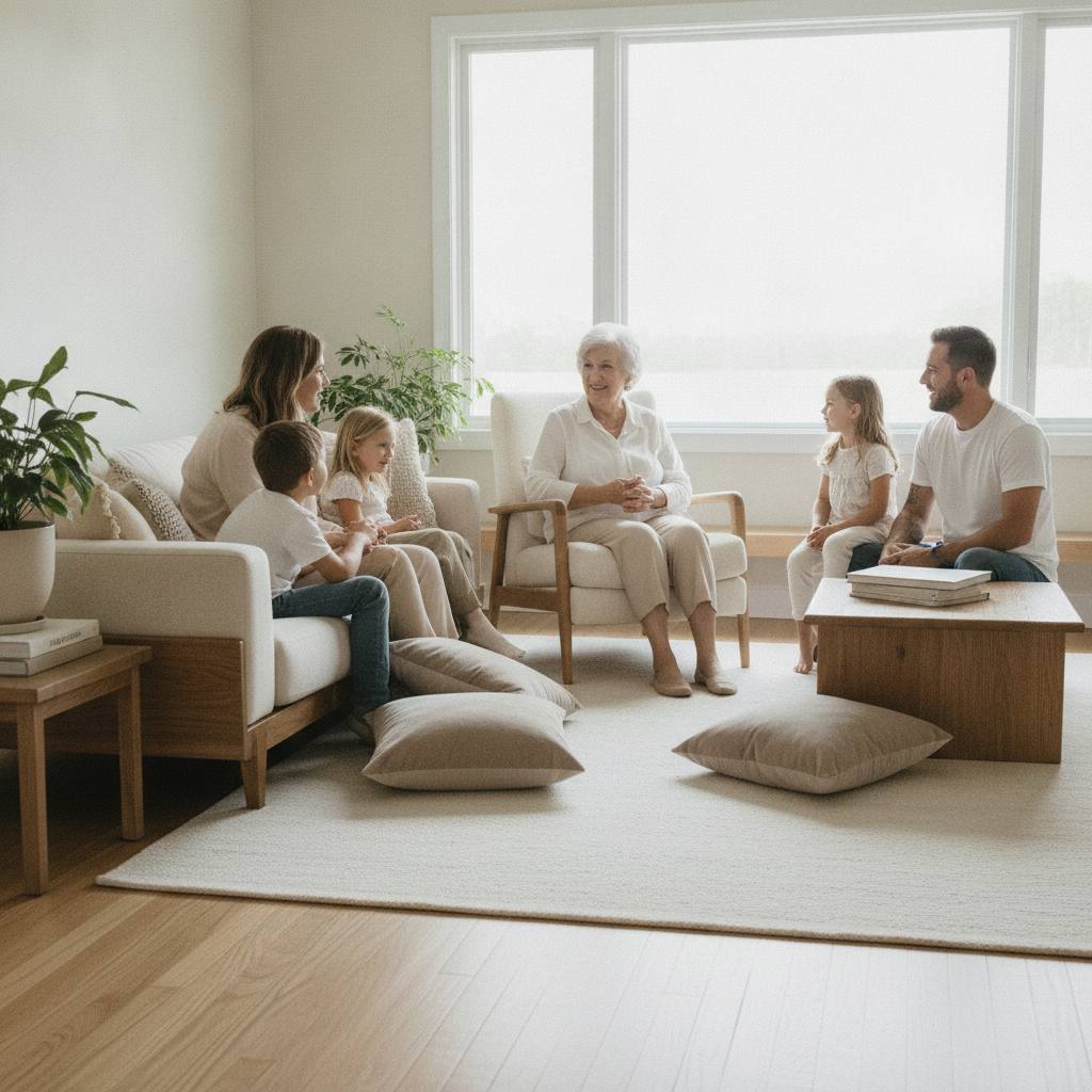 Salon familial chaleureux et lumineux avec plusieurs générations réunies