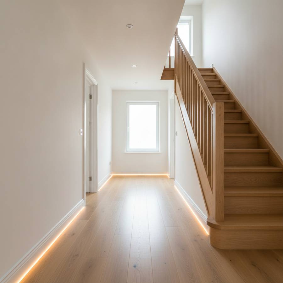Couloir et escalier bien éclairé dans une maison familiale accessible