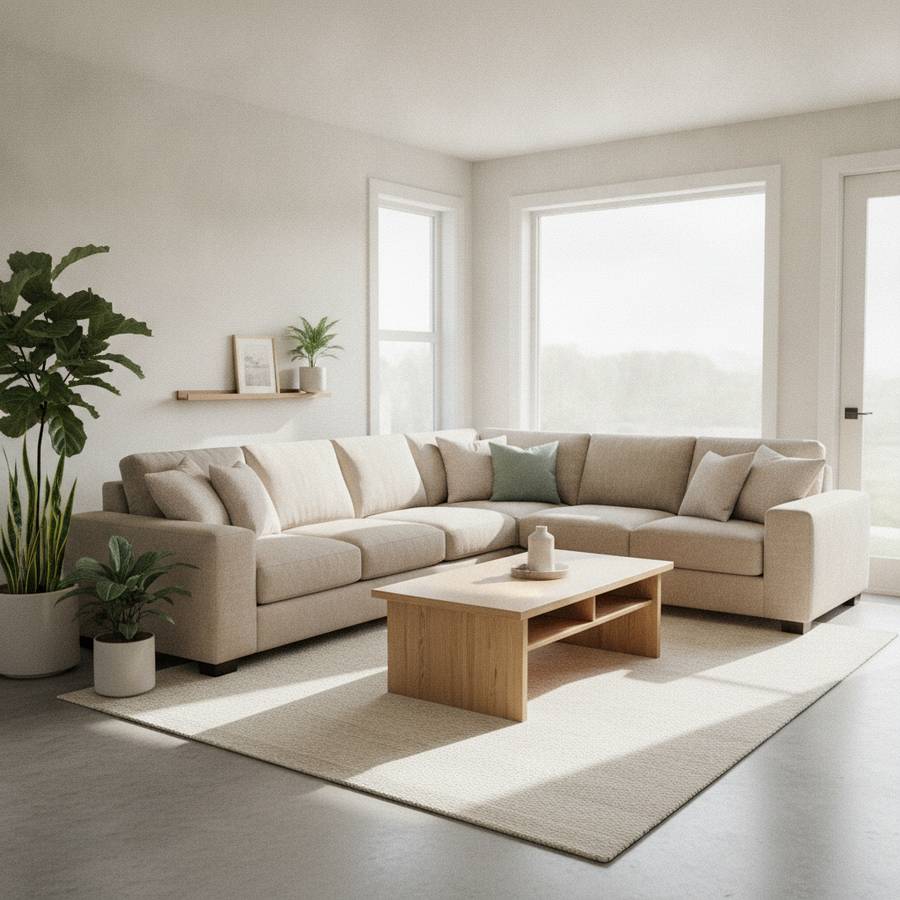 Salon familial convivial avec décoration épurée et confortable